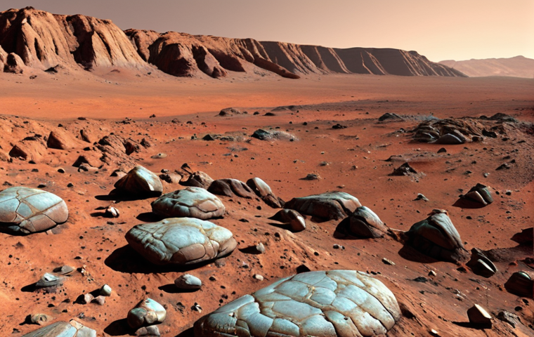 **Prompt:** A hyperrealistic image of the Martian surface, focusing on mineral composition analysis. Use hyperspectral sensors to reveal hidden mineral signatures in the rocks, creating a vibrant and detailed geological map of Mars. The scene should evoke a sense of scientific discovery and the unveiling of Martian history.