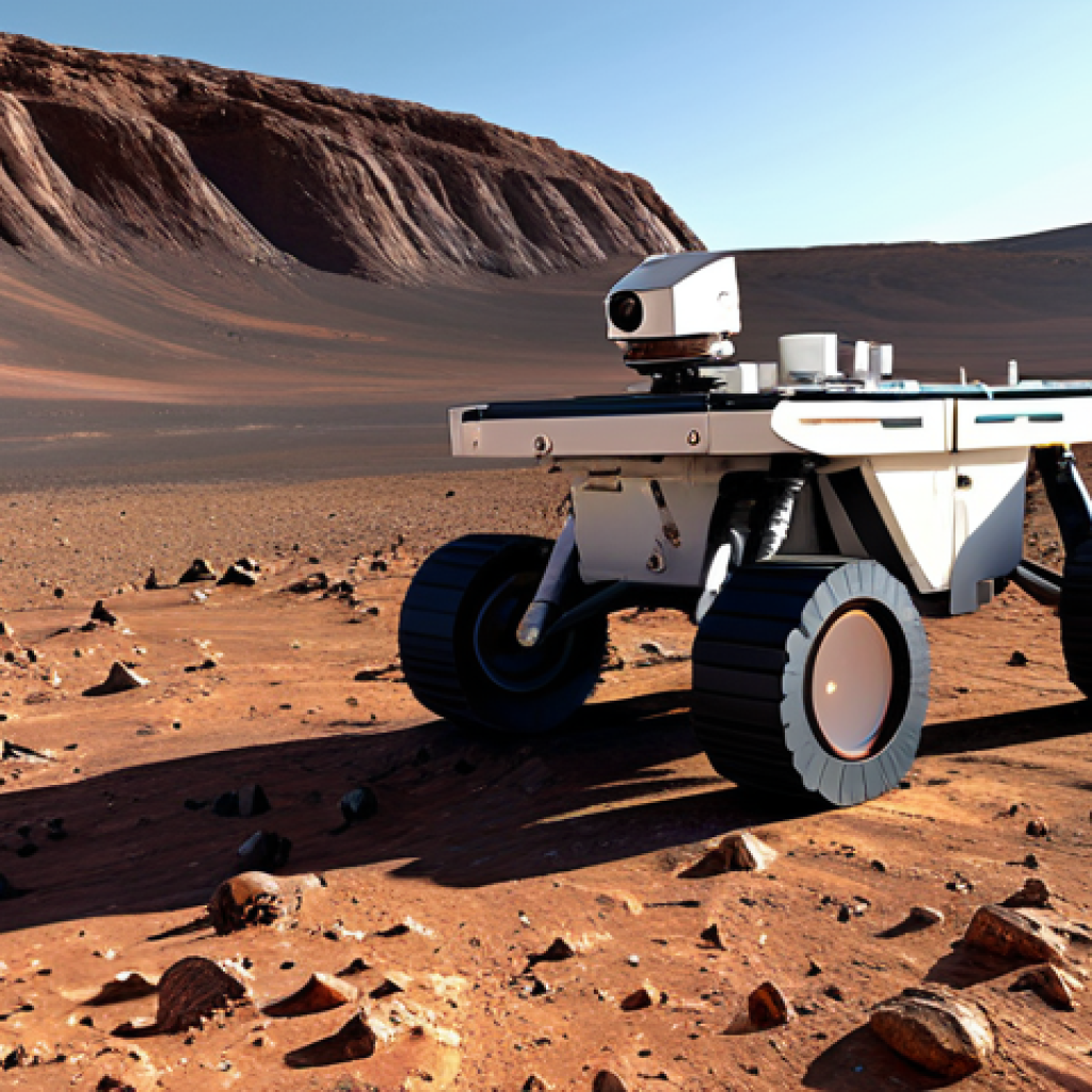 Martian Rover Analyzing a Rock**

"Perseverance rover on Mars, analyzing a rock sample in Jezero Crater, fully clothed, appropriate content, safe for work, perfect anatomy (of the rover), correct proportions, natural pose, professional photography, rocky Martian landscape background, detailed surface textures, modest lighting, emphasizing scientific exploration."

**