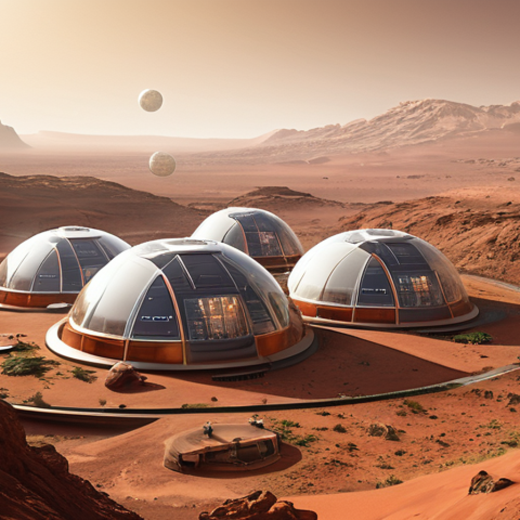 화성 탐사 임무의 장기적 목표 - **Martian Habitat & Sustainable Living:**
    A highly detailed, panoramic view of a self-sustaining...