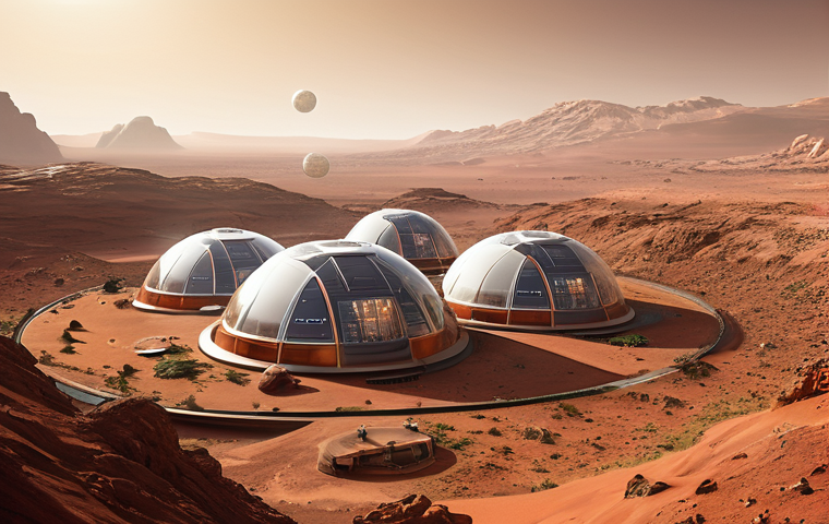 화성 탐사 임무의 장기적 목표 - **Martian Habitat & Sustainable Living:**
    A highly detailed, panoramic view of a self-sustaining...