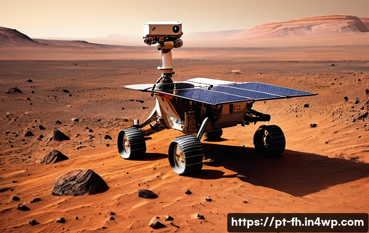 화성 탐사에서의 태양 에너지 활용 - **Prompt:** A rugged Martian rover, similar to Perseverance, with its advanced, extendable solar arr...