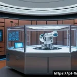 Home 20 화성 탐사와 우주 생명체 탐사 윤리 - A futuristic Mars exploration laboratory scene showcasing a sterilization chamber where a robotic ar...