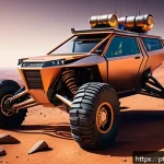 Home 19 화성 탐사 로버의 기계적 구조 - A detailed futuristic Mars rover navigating rocky and uneven terrain under a reddish sky, showcasing...