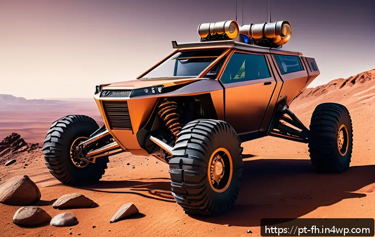 화성 탐사 로버의 기계적 구조 - A detailed futuristic Mars rover navigating rocky and uneven terrain under a reddish sky, showcasing...