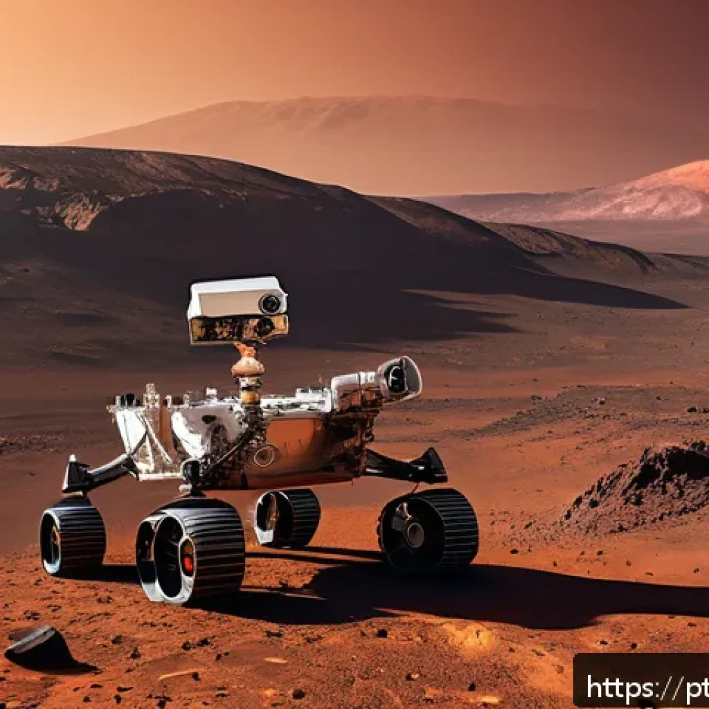 화성 탐사 로버의 실시간 통신 기술 - A highly detailed scene of a Mars rover transmitting data to Earth using advanced high-power antenna...