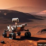 Home 18 화성 탐사 로버의 실시간 통신 기술 - A highly detailed scene of a Mars rover transmitting data to Earth using advanced high-power antenna...