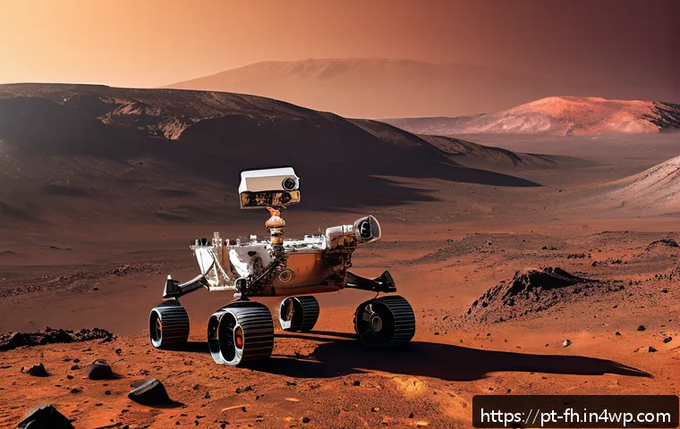 화성 탐사 로버의 실시간 통신 기술 - A highly detailed scene of a Mars rover transmitting data to Earth using advanced high-power antenna...