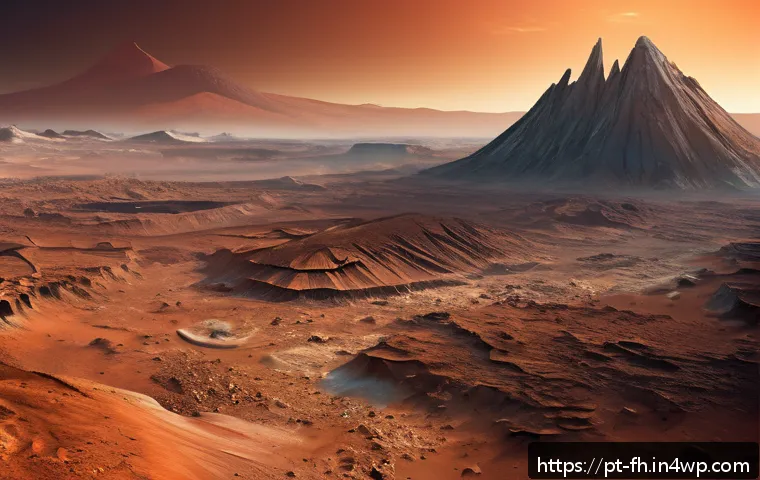 화성 탐사와 우주 생명체의 존재 가능성 - A highly detailed, realistic scene of the Martian surface showcasing diverse geological formations s...