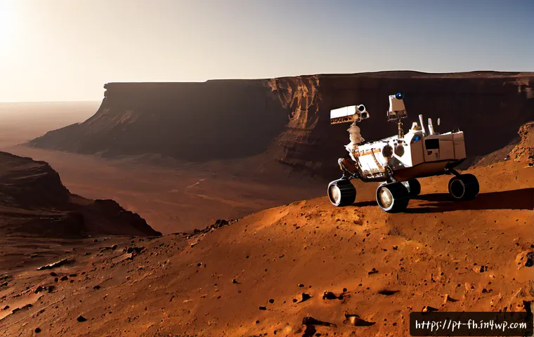 Home 17 우주 탐사와 화성의 중요성 - Photorealistic wide view of a Mars exploration rover crossing a rust-red rocky plain, its scientific...