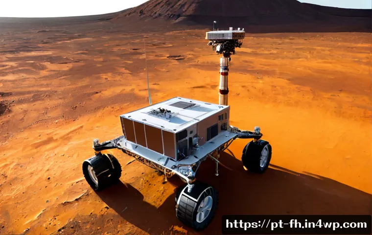 Home 17 화성 탐사의 기후 변화 관측 기술 - Photorealistic Mars climate observation scene, a rugged autonomous rover on a rust-red plain using a...