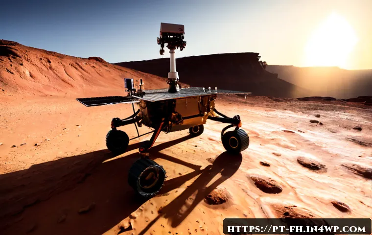 Home 17 화성 탐사에서의 생명체 사전 탐색 기술 - Photorealistic Mars rover drilling into a layered rust-red rock surface, a sealed sterile sampling c...