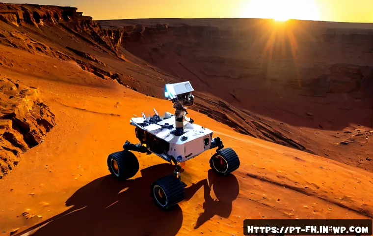 Home 17 화성 탐사로 얻은 과학적 발견 - Photorealistic Mars rover paused beside layered sedimentary rock outcrops, robotic sampling arm exam...