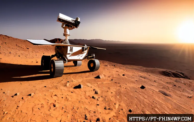 Home 17 화성 탐사에서의 통신 기술 - Photorealistic Mars rover on a rocky red plain, large high-gain dish antenna precisely aimed toward ...